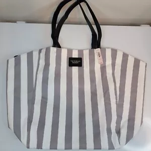 Victoria's Secret Gray & White Striped Canvas Weekender Tote School Bag Work π - Picture 1 of 11