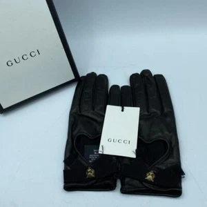 Gucci Big Cat Gloves Leather Unused Color black Dimensions 17.5cm size S Gold - Picture 1 of 14