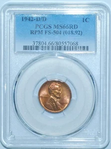 1942 D/D PCGS MS66RD Red FS-504 RPM Repunched Mint Mark Lincoln Wheat Cent - Picture 1 of 3