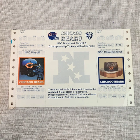 Vintage 1988 NFL Chicago Bears Unprinted Divisional & Championship Tickets Cover