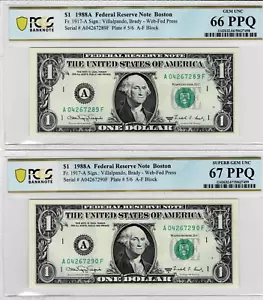 1988A $1 (2 CONSEC.) FRN 'WEB' Notes-fr.1917-A (AF 5/6)-PCGS GEM UNC 66 & 67 PPQ - Picture 1 of 6