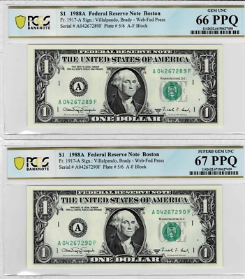 1988A $1 (2 CONSEC.) FRN 'WEB' Notes-fr.1917-A (AF 5/6)-PCGS GEM UNC 66 & 67 PPQ - Image 1 of 4