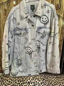 Wild Fable Alien Smiley Face Flower Heart Star Jean Jacket Xl - Picture 1 of 12