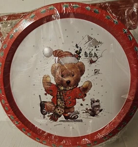 1991 Metal Christmas Teddy Bear Round Serving Tray Giordano Ice Skating NIP - Picture 1 of 7