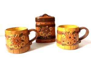 Vtg Flower Daisy Coffee Mugs Napkin Holder Boho Retro 70s Harvest Gold Fall - Picture 1 of 11