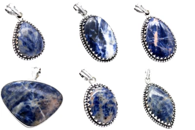 Sodalith Edelstein 5 Stück Mix Größe Menge Halskette Versilbert Anhänger - Bild 1 von 2