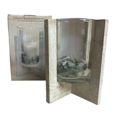 "Candelabro Hurricane madera a la deriva gris piedra vidrio playa costero náutico 8"""  Foto 1 de 4