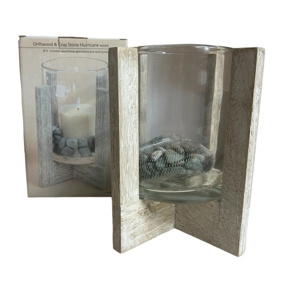"Candelabro Hurricane madera a la deriva gris piedra vidrio playa costero náutico 8"""  Foto 1 de 4