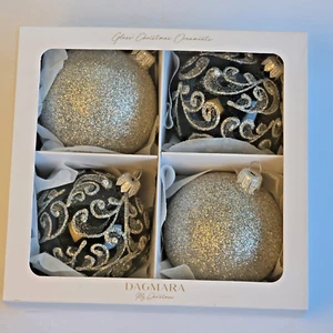 4 Dagmara Silver Glitter & Black Hand Decorated Holiday Glass Ball Ornaments 3" - Picture 1 of 7