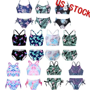 Girls Athletic Swimwear Printed Tankini Bikini Sets Beachwear Bathing Suit - Picture 1 of 96