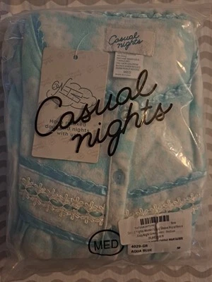 Caual Nights Women Night Gown M Aqua Blue Micro Fleece 1/4 Button Up Long Sleeve - Image 1 of 4