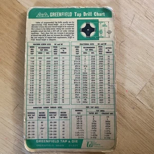 Vintage Greenfield Gewindebohrer fällig Bohrkarte Dezimaläquivalente Bruchgrößen - Bild 1 von 4