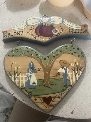 VTG Welcome Friends Wood Heart Apple Sign Wall Cottagecore handmade in Mexico  - Image 1 of 4