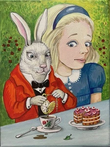 ACEO RYTA Alice In Wonderland Folk Art print of painting A Mad Tea Party Rabbit - Picture 1 of 1