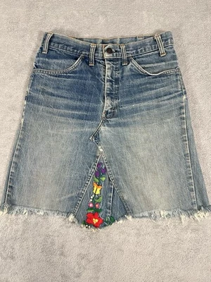 Vintage Levis Skirt Womens S  Denim Jean Floral Embroidered Orange Tab Raw Hem - Image 1 of 4
