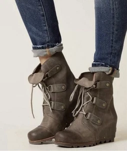 Sorel Joan of Ark abgenutzt braun Leder wasserdicht Keilabsatz halbhohe Stiefel Größe 8,5 - Bild 1 von 21
