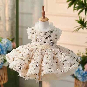 Pink Girl Dress Feather Sequined Kids Birthday Princess Knee Length Ball Gown - Picture 1 of 7