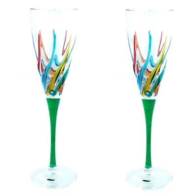 Pair of Murano Champagne Wine Glass Hand Painted Multi Green Stem - Image 1 of 4