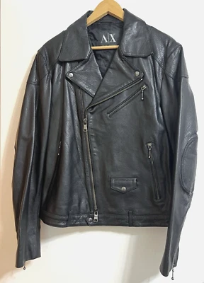 Armani Exchange Men Large Black Buffalo Leather Moto Jacket RRP$1500 - Image 1 of 4