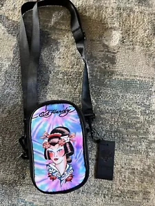 Ed Hardy Unisex Black/Multi Geisha Tatoo Print Nylon Phone Crossbody Bag With Ad - Picture 1 of 1
