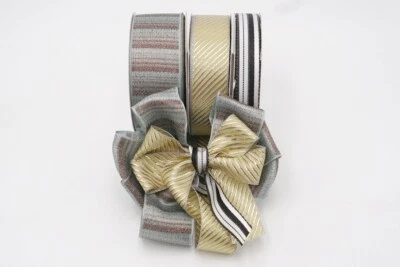 Craft DIY Gift Wrap Ribbon Set - 1.5", 7/8", 3/8" 25Yd Metallic & Gray Stripe - Image 1 of 4