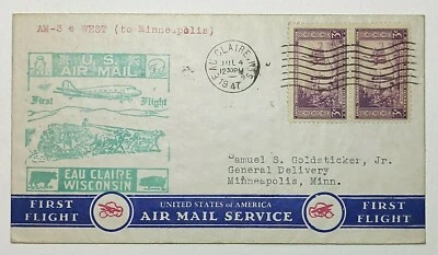 1947 First Flight Airmail Service Eau Claire WI to Minn. MN First Day Cover #739 - Image 1 of 2