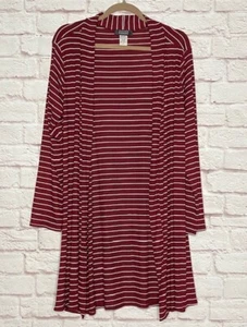 1X/2X/3X New Rayon Dark Red White Stripes Print Long Cardigan Sweater Duster - Picture 1 of 14