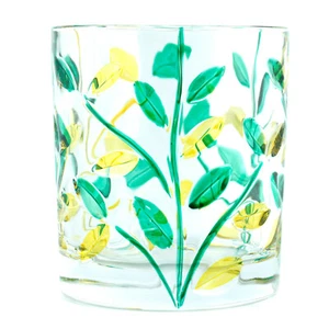 Murano Glass Drinking Glass Tumbler Green Yellow Hand Painted Flower 11.5oz - Picture 1 of 6