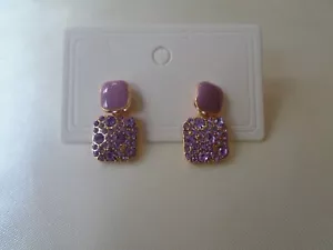Square Purple Rhinestone Drop Earrings Plain Purple Enamel Square Top New - Picture 1 of 2