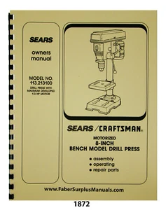 Prensa de taladro Sears Craftsman 8" 113.213100 propietario y lista de piezas manual #1872 - Imagen 1 de 10