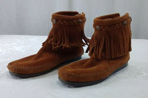 Minnetonka Ankle Boots Moccasins Women's Size 6 Brown Fringed Suede Back Zipper - Picture 1 of 17