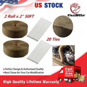 2 Roll 2" 50FT Lava Rock LR Exhaust Header Pipe Heat Wrap Tape Titanium Ties Kit - Picture 1 of 11