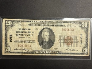 1929 $20 National Currency Bentleyville PA — Circulated — Low Serial/Pop - Picture 1 of 6
