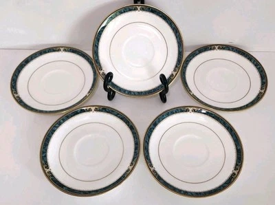 Set Of 5 Noritake ESSEX COURT Bone China 4727 Saucer Plate 6" Green & Gold Trim  - Image 1 of 4