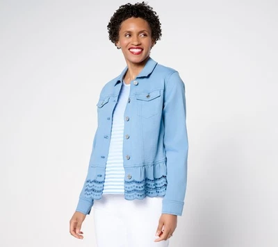 Chaqueta para mujer Susan Graver talla L bordada peplum elástico denim azul A690642 Foto 1 de 4