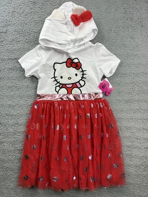 Vestido Hello Kitty Niñas Grande 10/12 Blanco Rojo Con Capucha Tul Falda Lazo Orejas Nuevo Foto 1 de 4