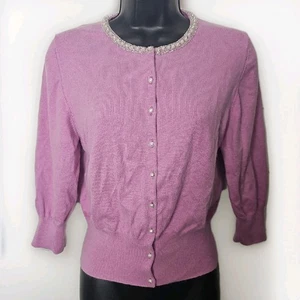 Tibi Strickjacke Seide Angora lila Gr. L Perlenausschnitt Landhauskern Oma Kern - Bild 1 von 15