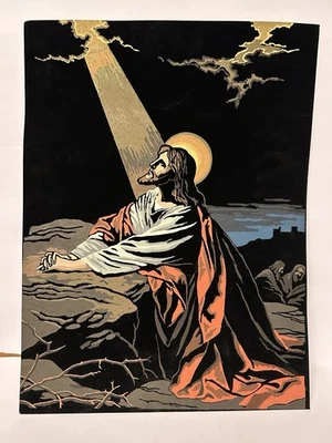 "Pintura Terciopelo Jesús Jardín de Getsemaní Rezando Años 70 México De Colección 18x24""" Foto 1 de 4