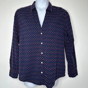 Gap Perfect Button up Shirt Womens Size XL Navy Blue Clip Dot Cotton Blend - Picture 1 of 8