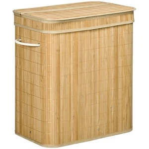 HOMCOM Cesto Portabiancheria 90L a 2 Scomparti con Coperchio e Manici in Bambù - Foto 1 di 10