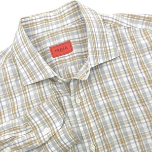 ISAIA Napoli Dress Shirt Menls Large 17/43 Blue Brown Plaid Cotton Button Up - Picture 1 of 10