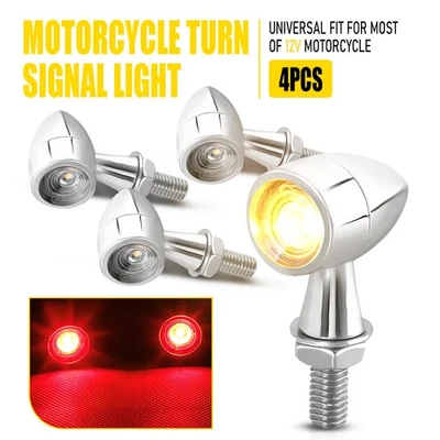 Intermitente de señal LED de giro cromado mini bala para motocicleta ámbar + luz de freno roja 4x Foto 1 de 4