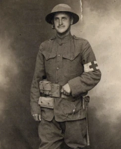 WWI Army Medic Soldier M1917 Medical Belt Helmet Ax Real Photo Postcard - Picture 1 of 4