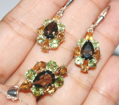 Juego de 4 piezas collar de plata de ley 925 cadena pendientes colgante topacio peridoto citrino Foto 1 de 4