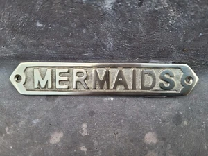 Brass Mermaids Wall Plaque Sign - Nautical Beach House Boat Decor Mermaid Sign - Picture 1 of 4