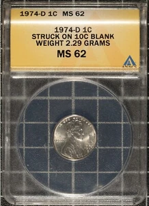RARE 1974-D Lincoln Cent - ANACS MS62 Error Coin - Struck on 10c Dime Blank - Picture 1 of 6