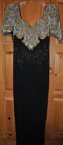 SLIMMING BLACK FLOOR LENGTH BEADED COCKTAIL PAGEANT BALL GOWN.SILVER/GOLD ACCENT - Picture 1 of 10
