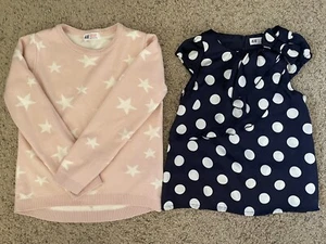 Lot Of 2 H&M Pink Star Sweater Polka Dot Cap Sleeve Blouse Top Size 6-7 6-8 - Picture 1 of 9
