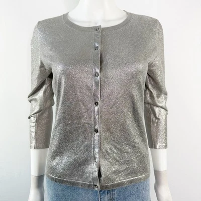 Cárdigan Suéter ESCADA Plateado Tejido Botón Frontal Talla S Preppy Vacaciones Clásico Foto 1 de 4
