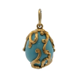 Vintage 14kt Yellow Gold Turquoise Decorated Scroll Egg Necklace Pendant - Picture 1 of 9